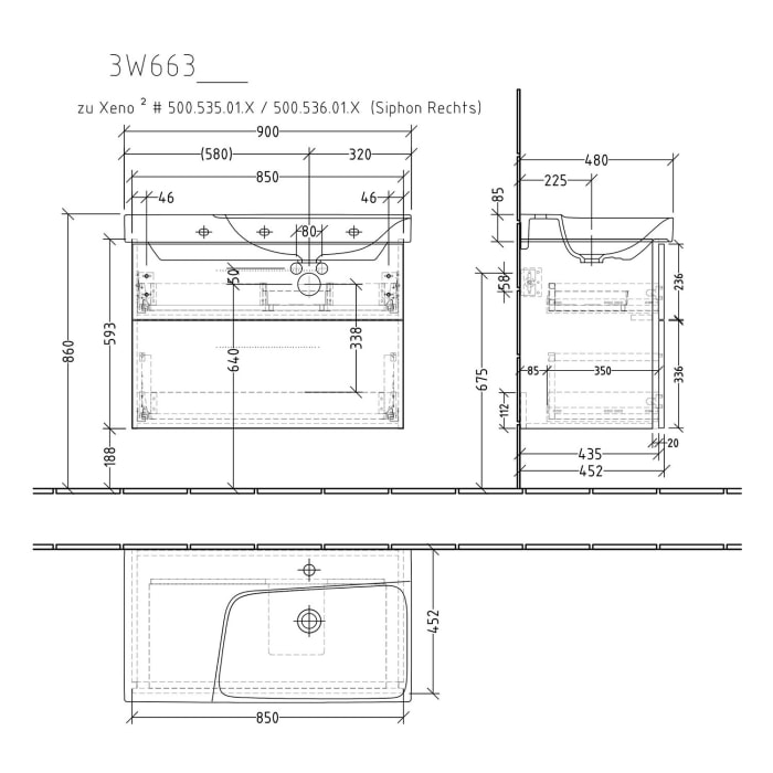 Sanipa 3way Waschtischunterbau für Keramik-Waschtisch Xeno² 90 cm, 2 Auszüge mit Griffleisten, Ablagefläche links