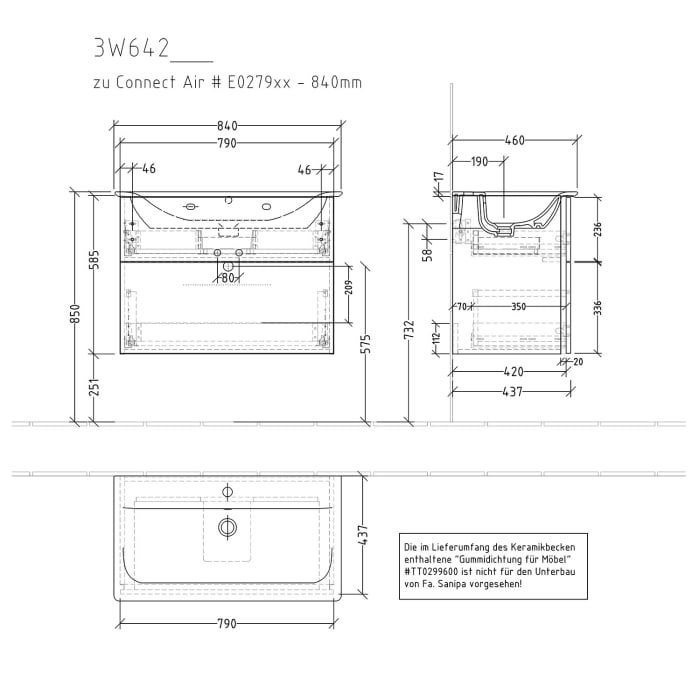Sanipa 3way Waschtischunterbau für Keramik-Waschtisch Connect Air 84 cm, 2 Auszüge mit Griffleisten
