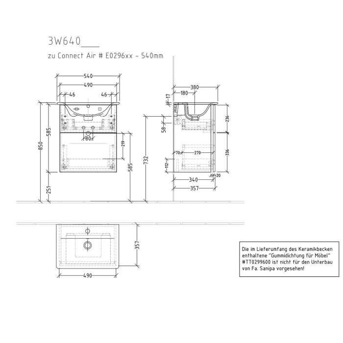 Sanipa 3way Waschtischunterbau für Keramik-Waschtisch Connect Air 54 cm, 2 Auszüge mit Griffleisten
