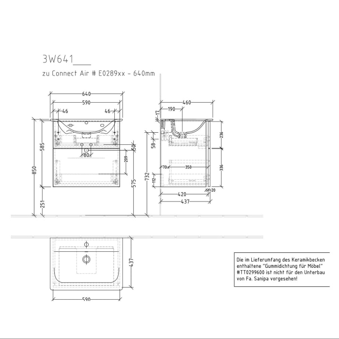Sanipa 3way Waschtischunterbau für Keramik-Waschtisch Connect Air 64 cm, 2 Auszüge mit Griffleisten
