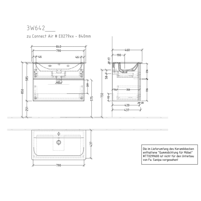 Sanipa 3way Waschtischunterbau für Keramik-Waschtisch Connect Air 84 cm, 2 Auszüge mit Griffleisten