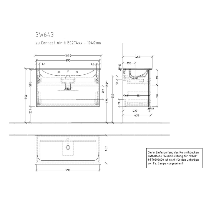 Sanipa 3way Waschtischunterbau für Keramik-Waschtisch Connect Air 104 cm, 2 Auszüge mit Griffleisten