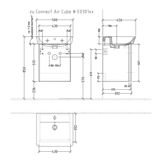 Sanipa 3way Waschtischunterbau für Keramik-Waschtisch Connect Air Cube 50 cm, 1 Tür, Anschlag links, mit Griffleiste