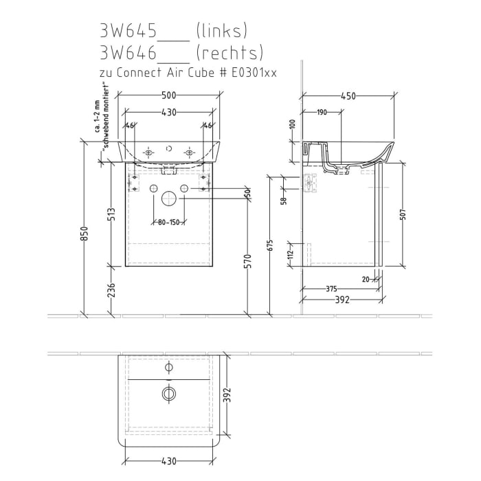 Sanipa 3way Waschtischunterbau für Keramik-Waschtisch Connect Air Cube 50 cm, 1 Tür, Anschlag rechts, mit Griffleiste
