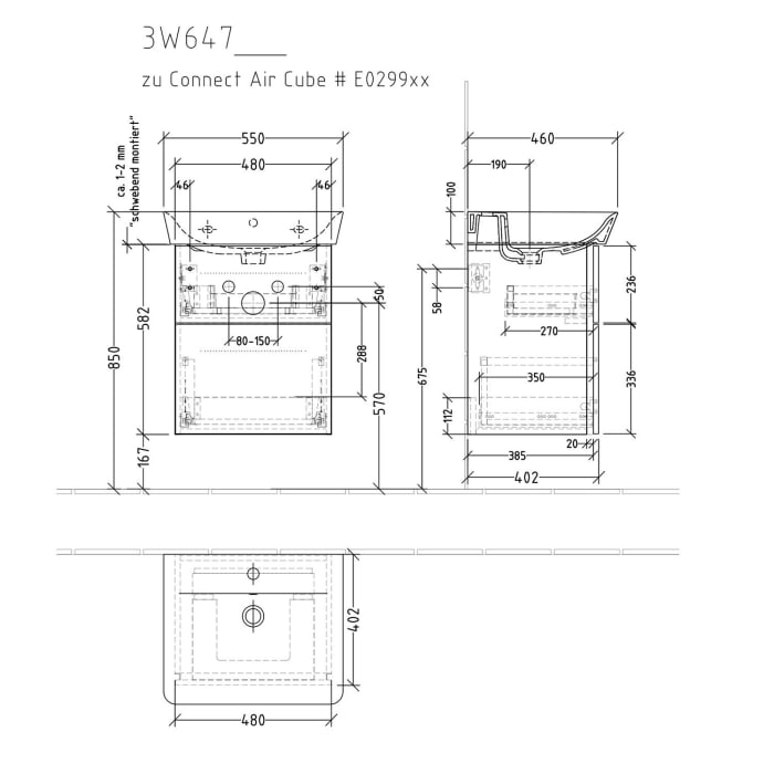 Sanipa 3way Waschtischunterbau für Keramik-Waschtisch Connect Air Cube 55 cm, 2 Auszüge mit Griffleisten