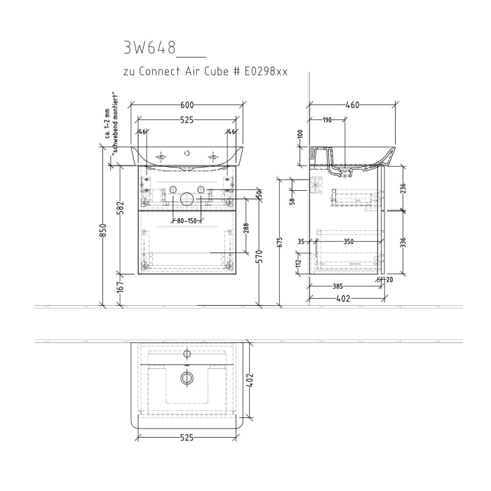 Sanipa 3way Waschtischunterbau für Keramik-Waschtisch Connect Air Cube 60 cm, 2 Auszüge mit Griffleisten