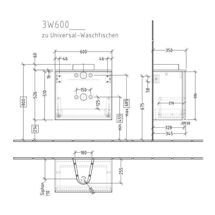 Sanipa 3way Universal-Waschtischunterbau 60 cm, 1 Auszug mit Griffleiste