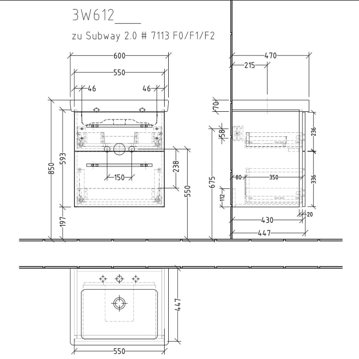Sanipa 3way Waschtischunterbau für Keramik-Waschtisch Subway 2.0 60 cm, 2 Auszüge mit Griffleisten