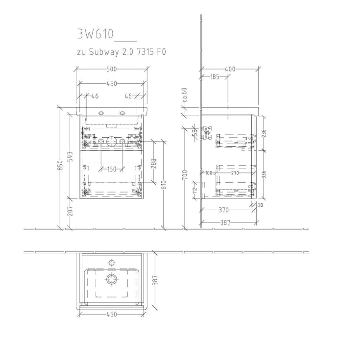Sanipa 3way Waschtischunterbau für Keramik-Waschtisch Subway 2.0 50 cm, 2 Auszüge mit Griffleisten