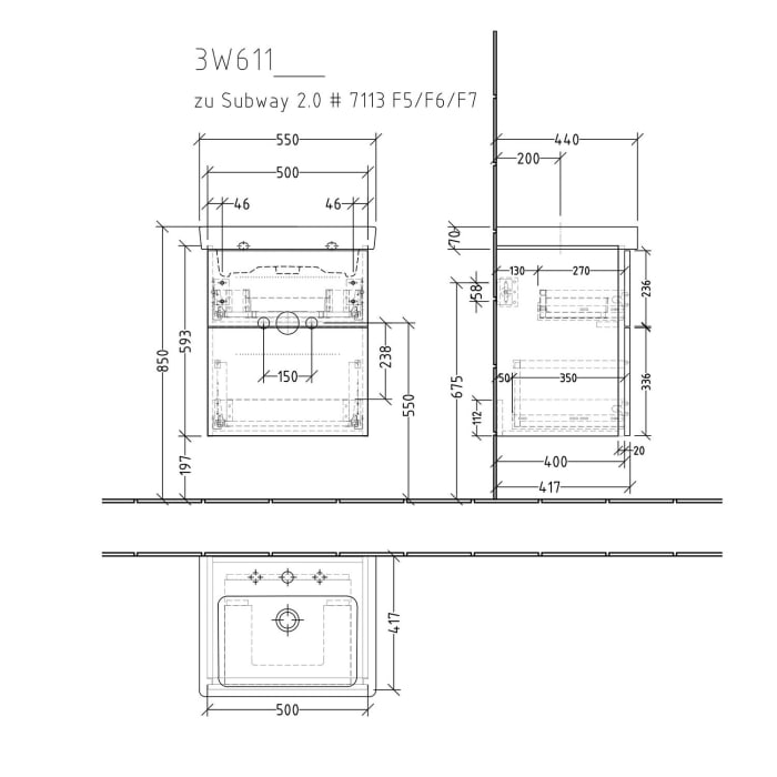 Sanipa 3way Waschtischunterbau für Keramik-Waschtisch Subway 2.0 55 cm, 2 Auszüge mit Griffleisten