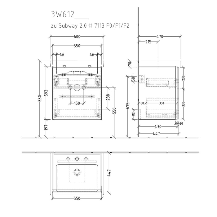 Sanipa 3way Waschtischunterbau für Keramik-Waschtisch Subway 2.0 60 cm, 2 Auszüge mit Griffleisten