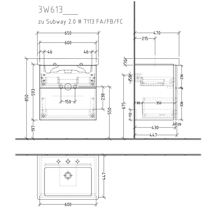 Sanipa 3way Waschtischunterbau für Keramik-Waschtisch Subway 2.0 65 cm, 2 Auszüge mit Griffleisten