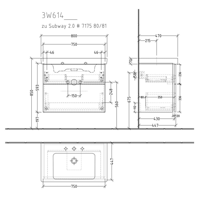 Sanipa 3way Waschtischunterbau für Keramik-Waschtisch Subway 2.0 80 cm, 2 Auszüge mit Griffleisten