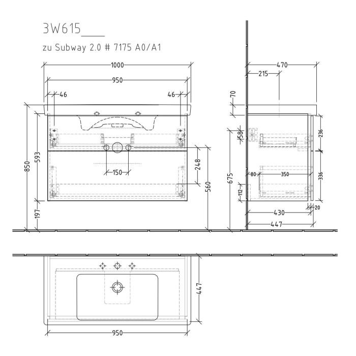 Sanipa 3way Waschtischunterbau für Keramik-Waschtisch Subway 2.0 100 cm, 2 Auszüge mit Griffleisten