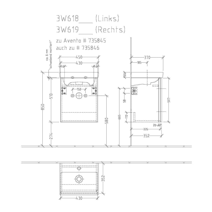 Sanipa 3way Waschtischunterbau für Keramik-Waschtisch Avento 45 cm, 1 Tür, Anschlag links, mit Griffleiste