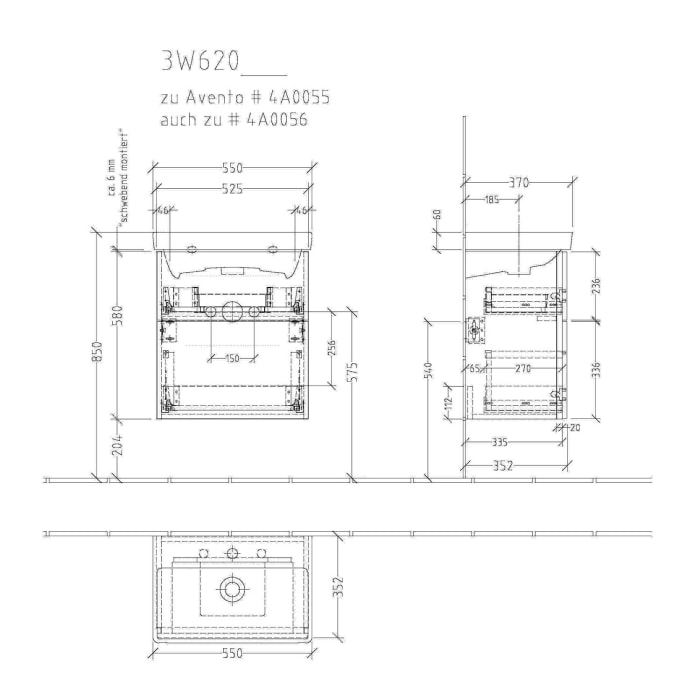 Sanipa 3way Waschtischunterbau für Keramik-Waschtisch Avento 55 cm, 2 Auszüge mit Griffleisten