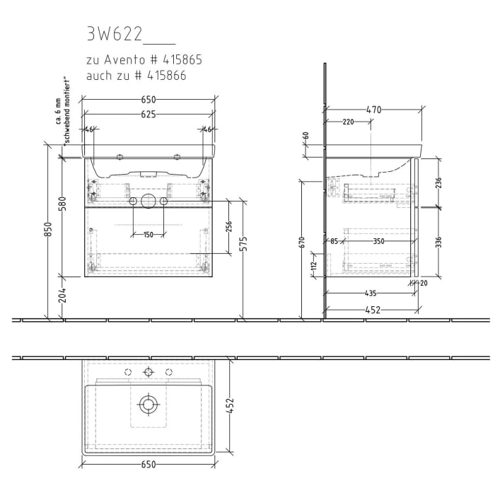 Sanipa 3way Waschtischunterbau für Keramik-Waschtisch Avento 65 cm, 2 Auszüge mit Griffleisten