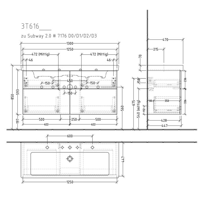 Sanipa 3way Waschtischunterbau für Keramik-Waschtisch Subway 2.0 130 cm, 4 Auszüge mit Push to open