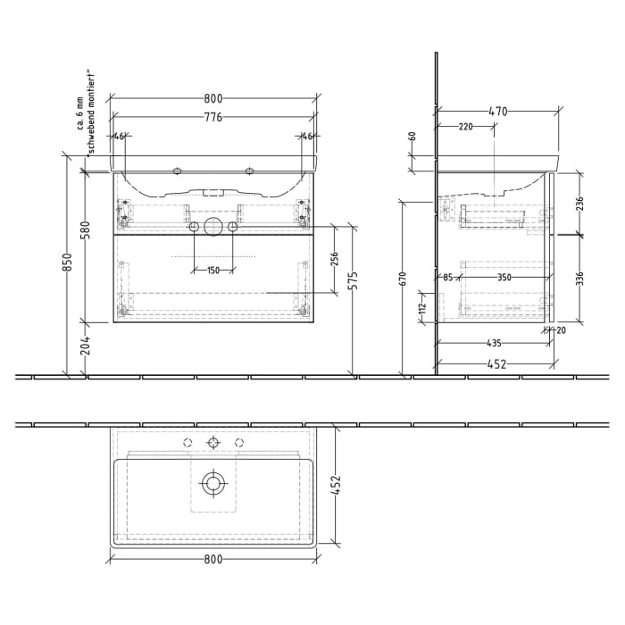 Sanipa 3way Waschtischunterbau für Keramik-Waschtisch Avento 80 cm, 2 Auszüge mit Griffleisten