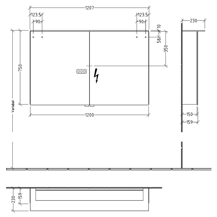 Sanipa Reflection Aluminium-Spiegelschrank ANNY 120 mit LED-Lichtsegel, mit Lichtsteuerung