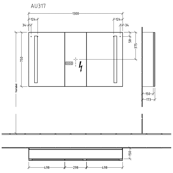 Sanipa Reflection Aluminium-Spiegelschrank ALEX 130 mit LED-Beleuchtung, Mitteltür Rechts