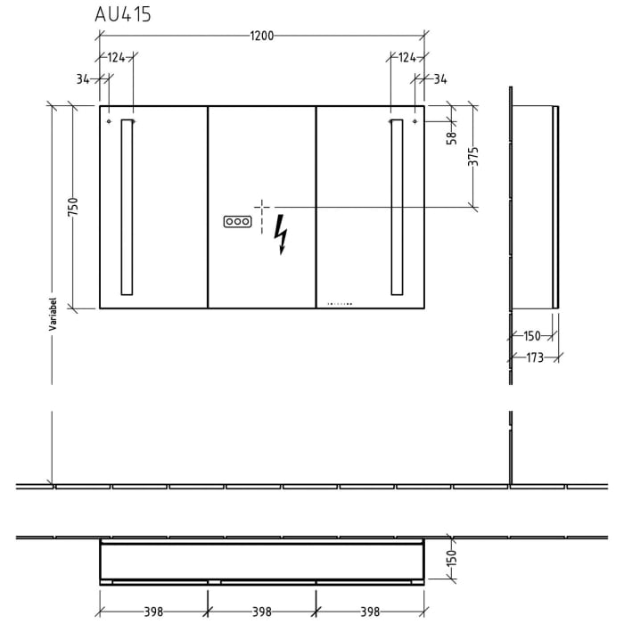 Sanipa Reflection Aluminium-Spiegelschrank ALEX 120 mit LED-Beleuchtung, Mitteltür Links, mit Lichtsteuerung