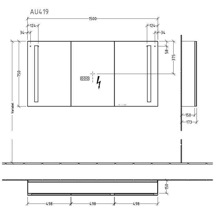 Sanipa Reflection Aluminium-Spiegelschrank ALEX 150 mit LED-Beleuchtung, Mitteltür Rechts, mit Lichtsteuerung