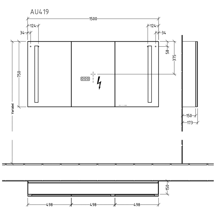 Sanipa Reflection Aluminium-Spiegelschrank ALEX 150 mit LED-Beleuchtung, Mitteltür Rechts, mit Lichtsteuerung