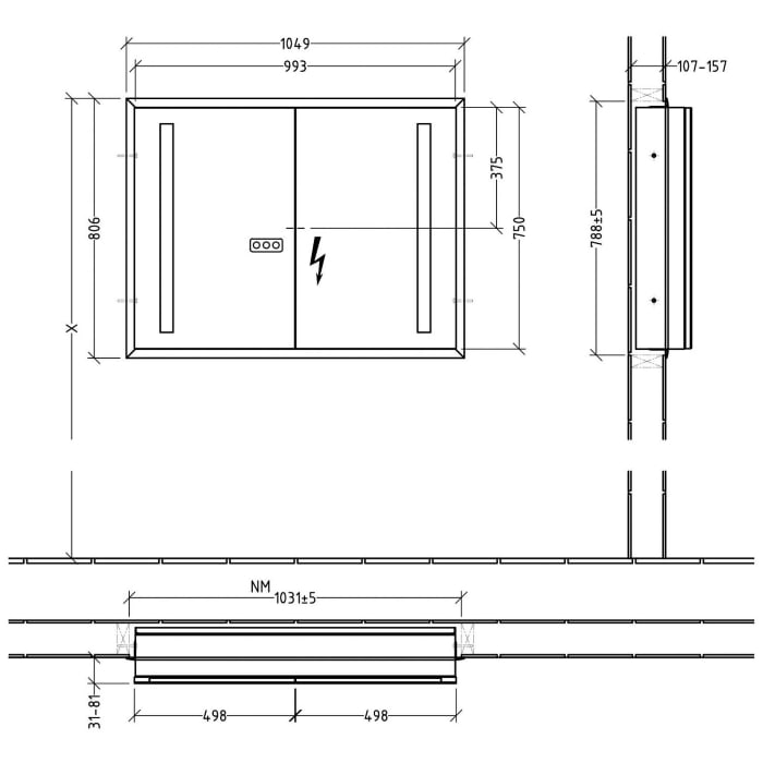 Sanipa Reflection Aluminium-Wandeinbau-Spiegelschrank WILMA 105 mit LED-Beleuchtung