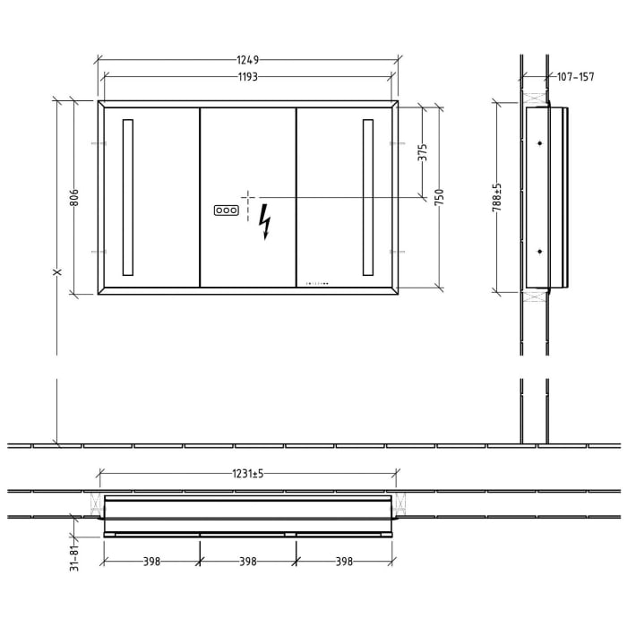 Sanipa Reflection Aluminium-Wandeinbau-Spiegelschrank WILMA 125 mit LED-Beleuchtung