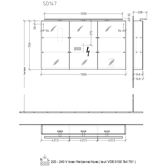 Sanipa Reflection Spiegelschrank MILLA 130 mit LED-Aufsatzleuchte