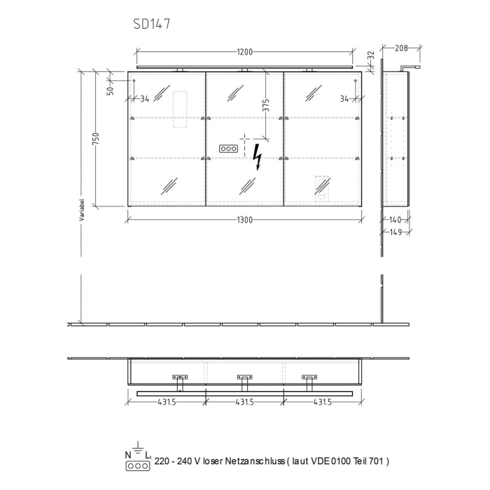 Sanipa Reflection Spiegelschrank MILLA 130 mit LED-Aufsatzleuchte