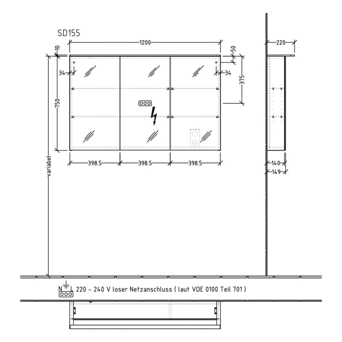 Sanipa Reflection Spiegelschrank MALTE 120 mit LED-Aufsatzleuchte