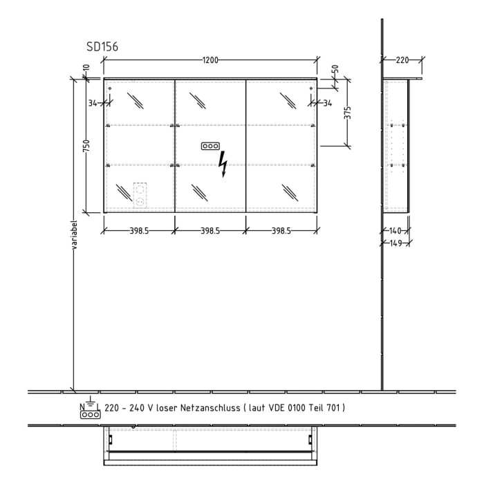 Sanipa Reflection Spiegelschrank MALTE 120 mit LED-Aufsatzleuchte