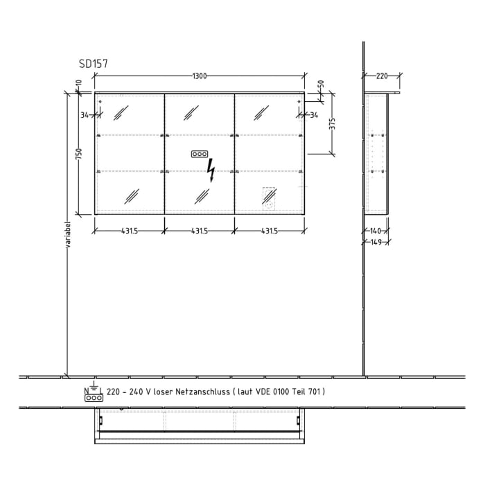 Sanipa Reflection Spiegelschrank MALTE 130 mit LED-Aufsatzleuchte