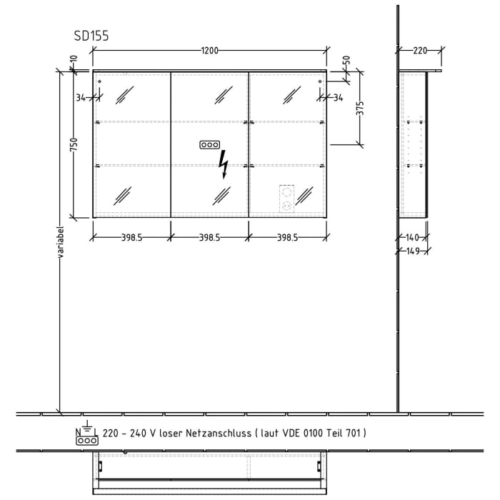 Sanipa Reflection Spiegelschrank MALTE 120 mit LED-Aufsatzleuchte