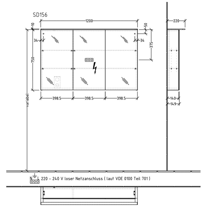 Sanipa Reflection Spiegelschrank MALTE 120 mit LED-Aufsatzleuchte
