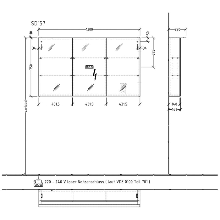 Sanipa Reflection Spiegelschrank MALTE 130 mit LED-Aufsatzleuchte