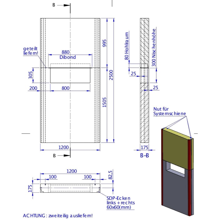 Schedel Wandmodul raumhoch für Duschplatz 250 x 120 x 17,5 cm