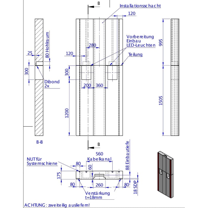Schedel Wandmodul mit Installationsschacht, raumhoch für Duschplatz 250 x 100 x 17,5 cm