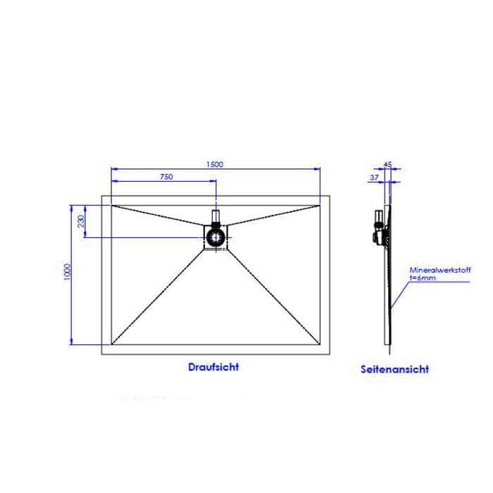 Schedel Plan Plus Mineral-Duschelement bodeneben 150 x 100 cm, Ablauf hinten mittig
