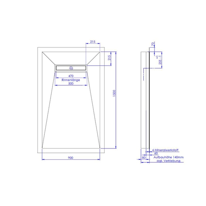 Schedel Plan Plus Mineral-Duschelement bodeneben 90 x 150 cm mit Rinne, Gefälle vierseitig