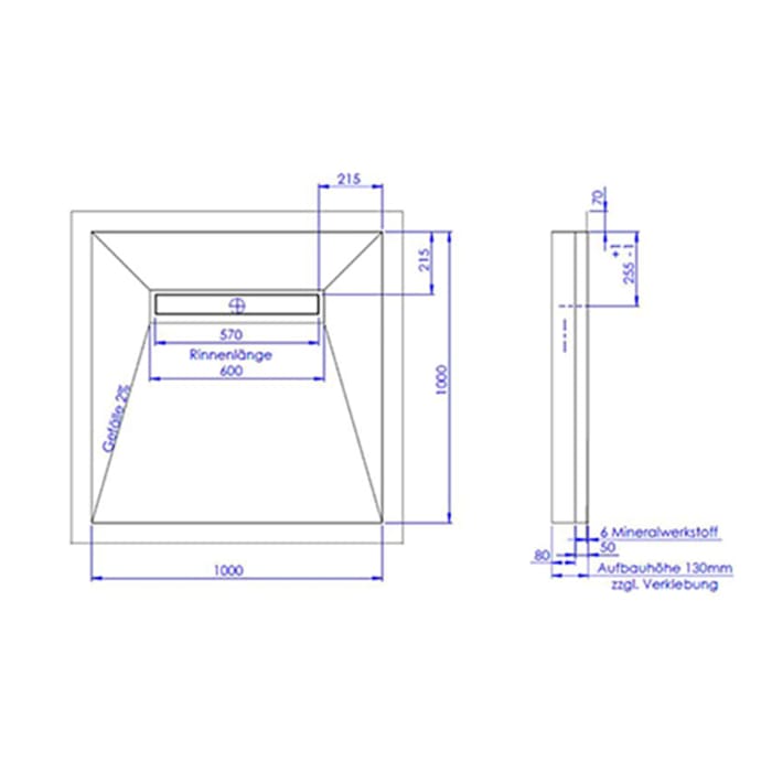 Schedel Plan Plus Mineral-Duschelement bodeneben 100 x 100 cm mit Rinne, Gefälle vierseitig