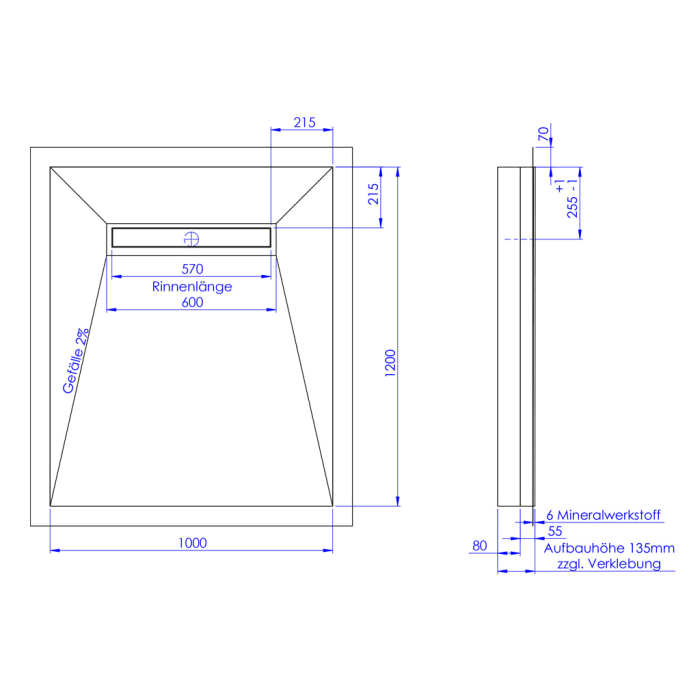 Schedel Plan Plus Mineral-Duschelement bodeneben 100 x 120 cm mit Rinne, Gefälle vierseitig