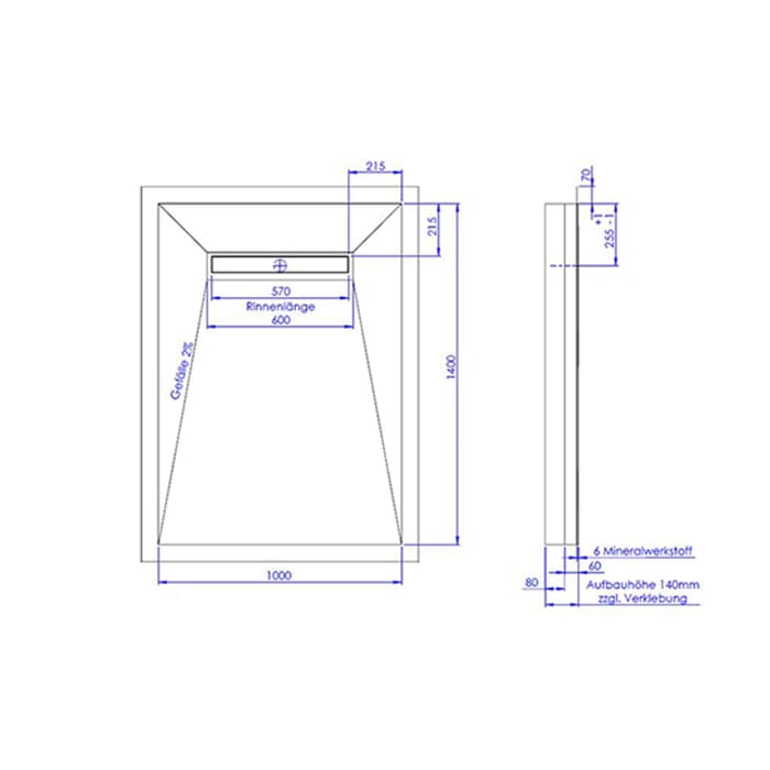 Schedel Plan Plus Mineral-Duschelement bodeneben 100 x 140 cm mit Rinne, Gefälle vierseitig