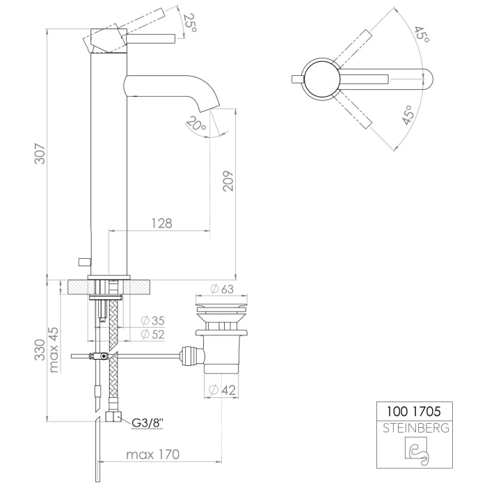 Steinberg Serie 100 Waschtisch-Einhebelmischbatterie mit Ablaufgarnitur