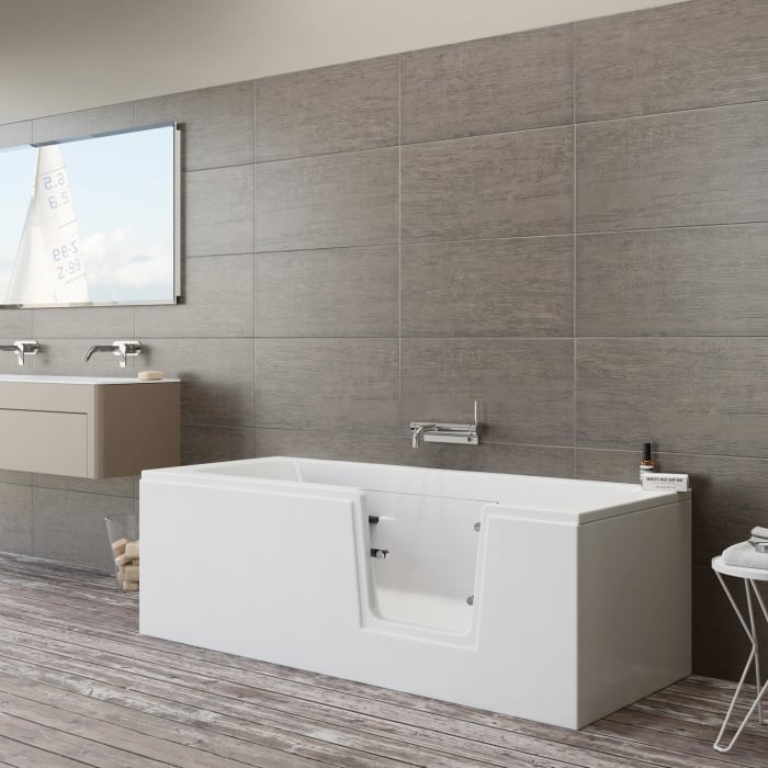 Steinkamp easy entry Badewanne 170 x 75 cm mit Glastür rechts, Trio Ablauf und Acrylverkleidung