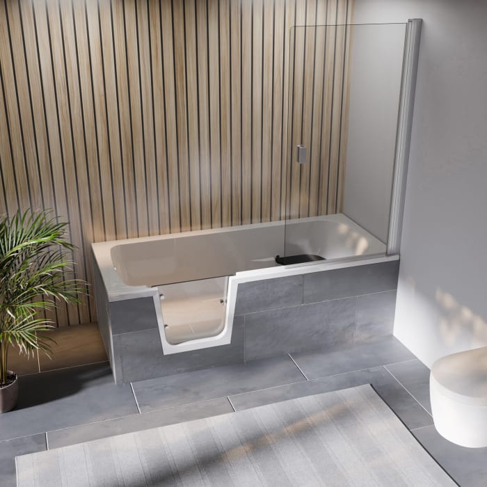 Steinkamp easy entry Badewanne 160 x 75 cm mit Glastür links, Trio Ablauf und Styrodurverkleidung
