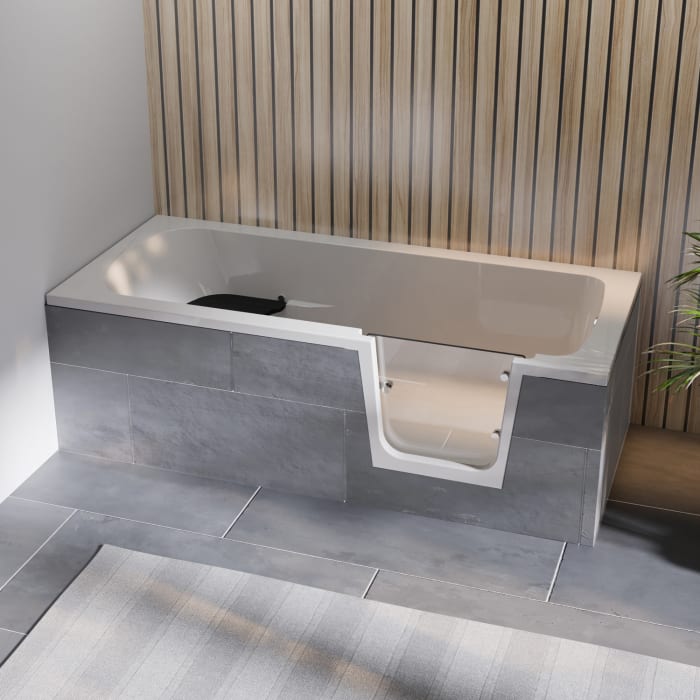 Steinkamp easy entry Badewanne 170 x 75 cm mit Glastür rechts, Trio Ablauf und Styrodurverkleidung