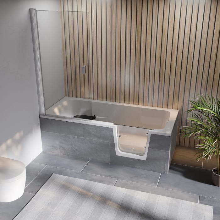 Steinkamp easy entry Badewanne 180 x 80 cm mit Glastür rechts, Trio Ablauf und Styrodurverkleidung